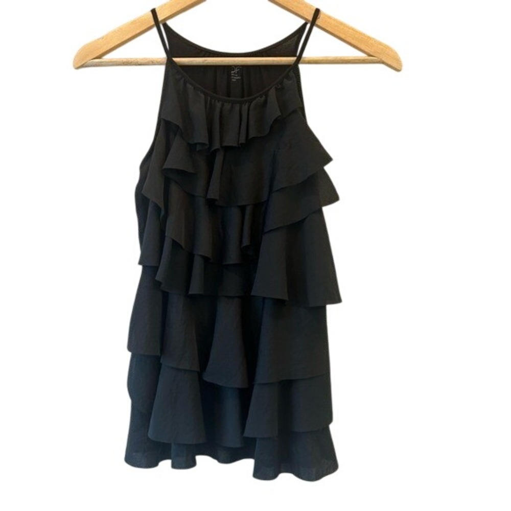 Ann Taylor LOFT Ruffle Tiered Top Womens XSP Black Excellent Halter Sleeveless